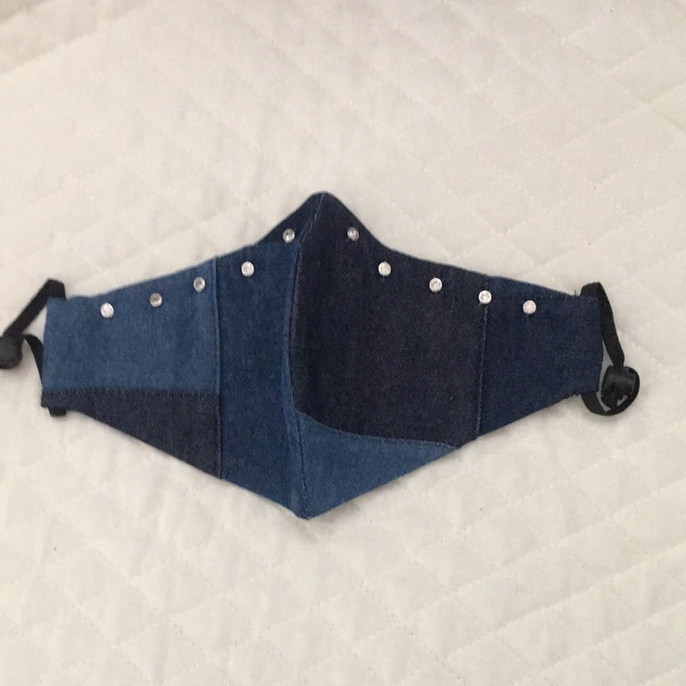 Patchwork denim 3 layer mask with rhinestones. Cooling inner black layer.